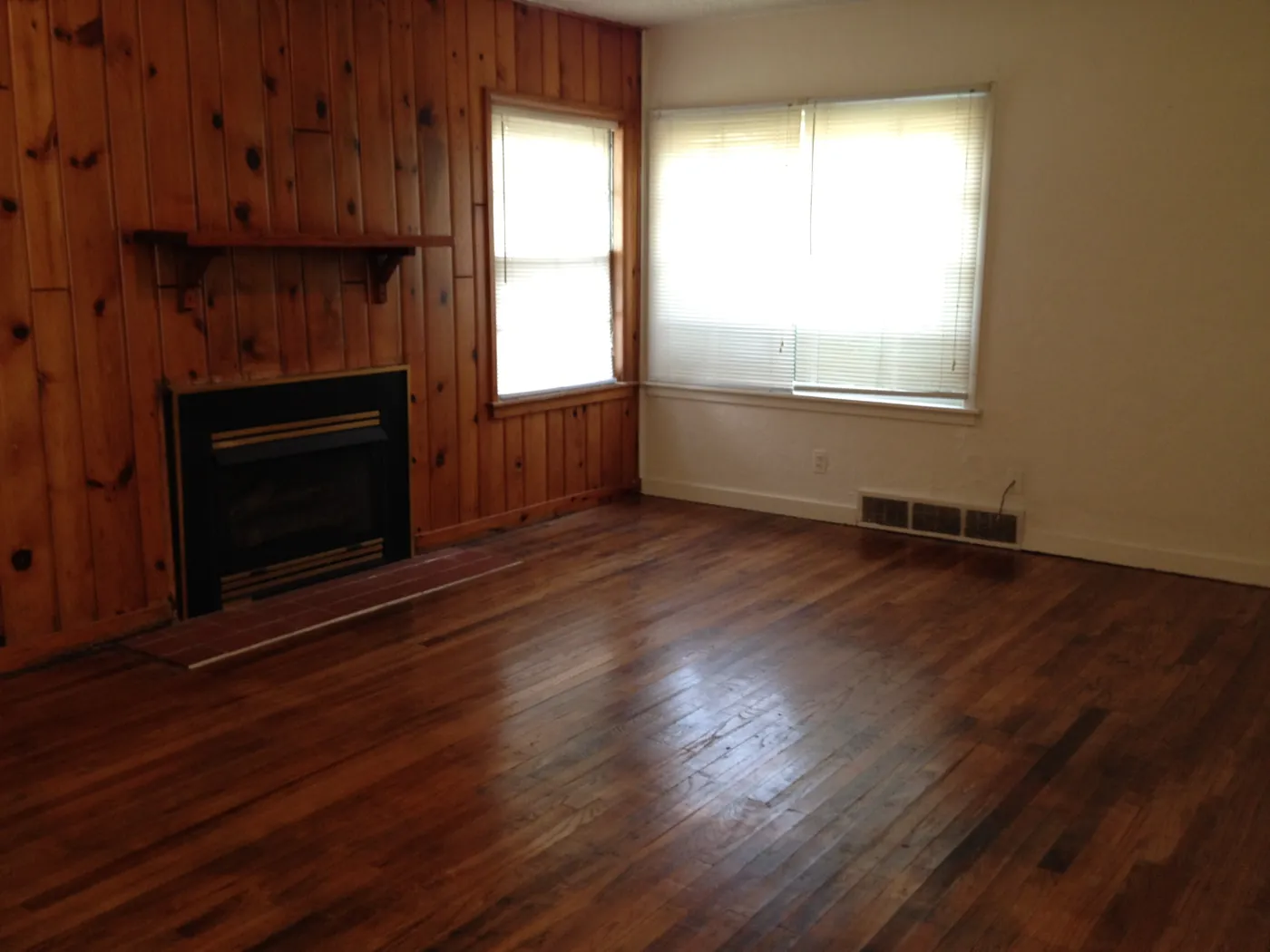 Living room fireplace and windows