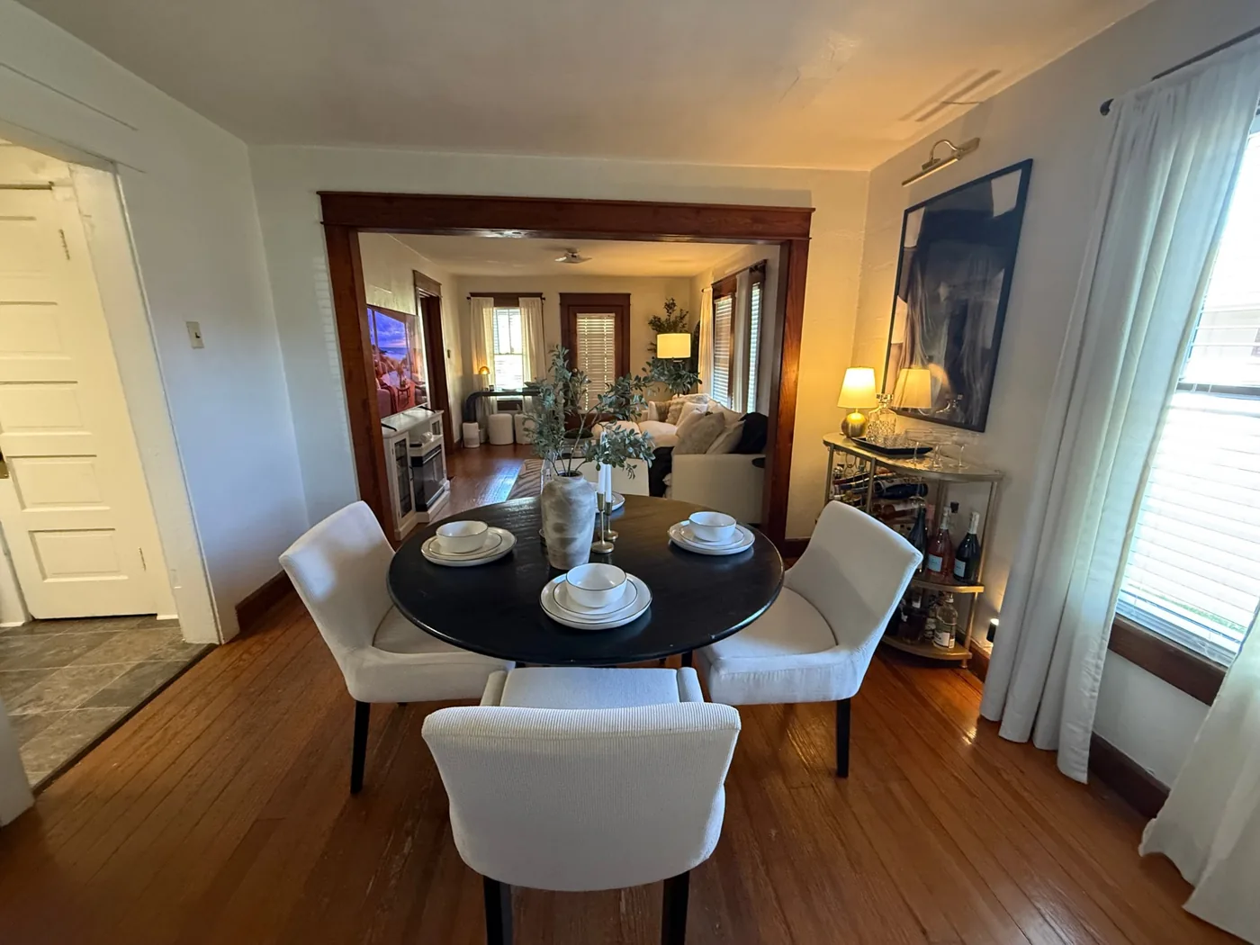 Dining room with view into the living room